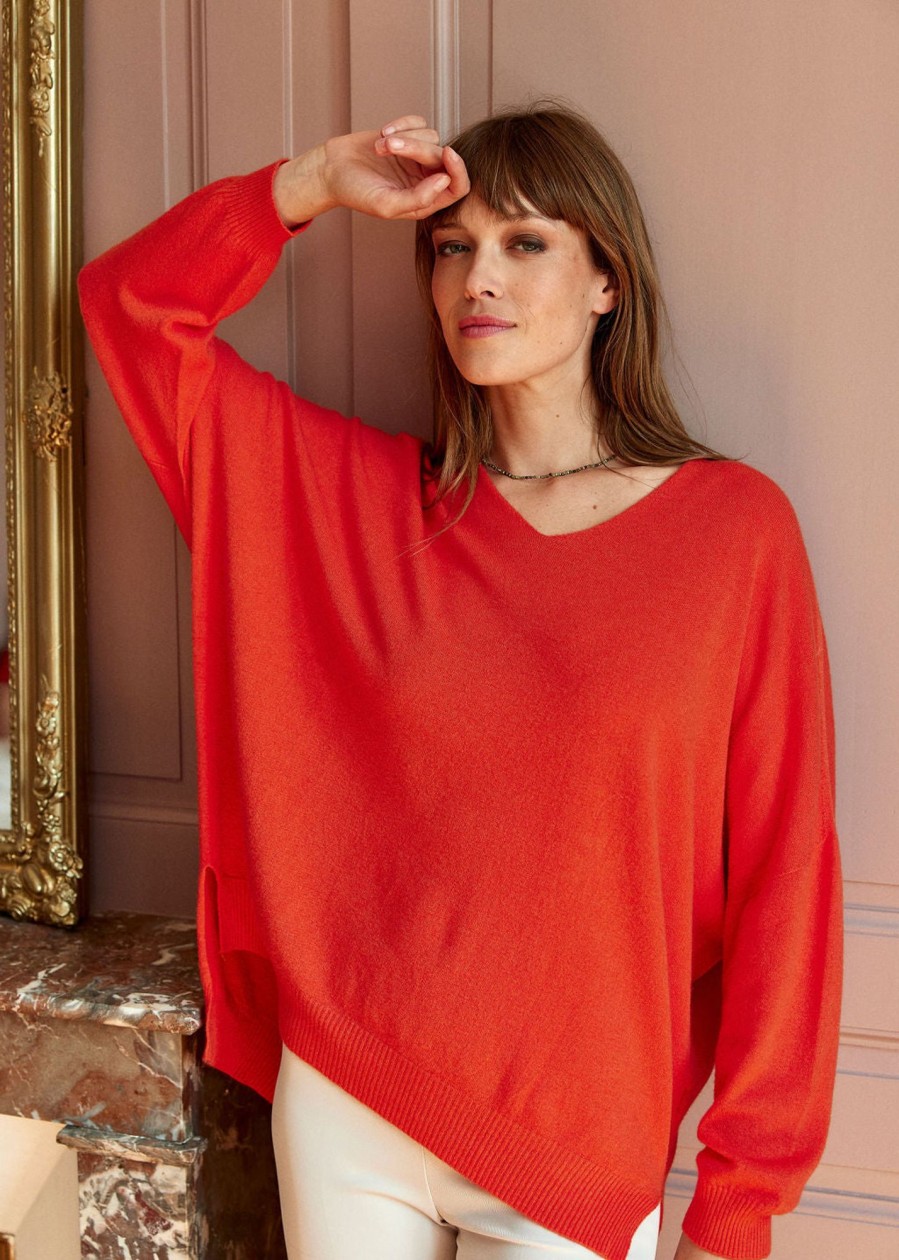 Lauren Vidal Pull En Viscose Flore Orange Mailles