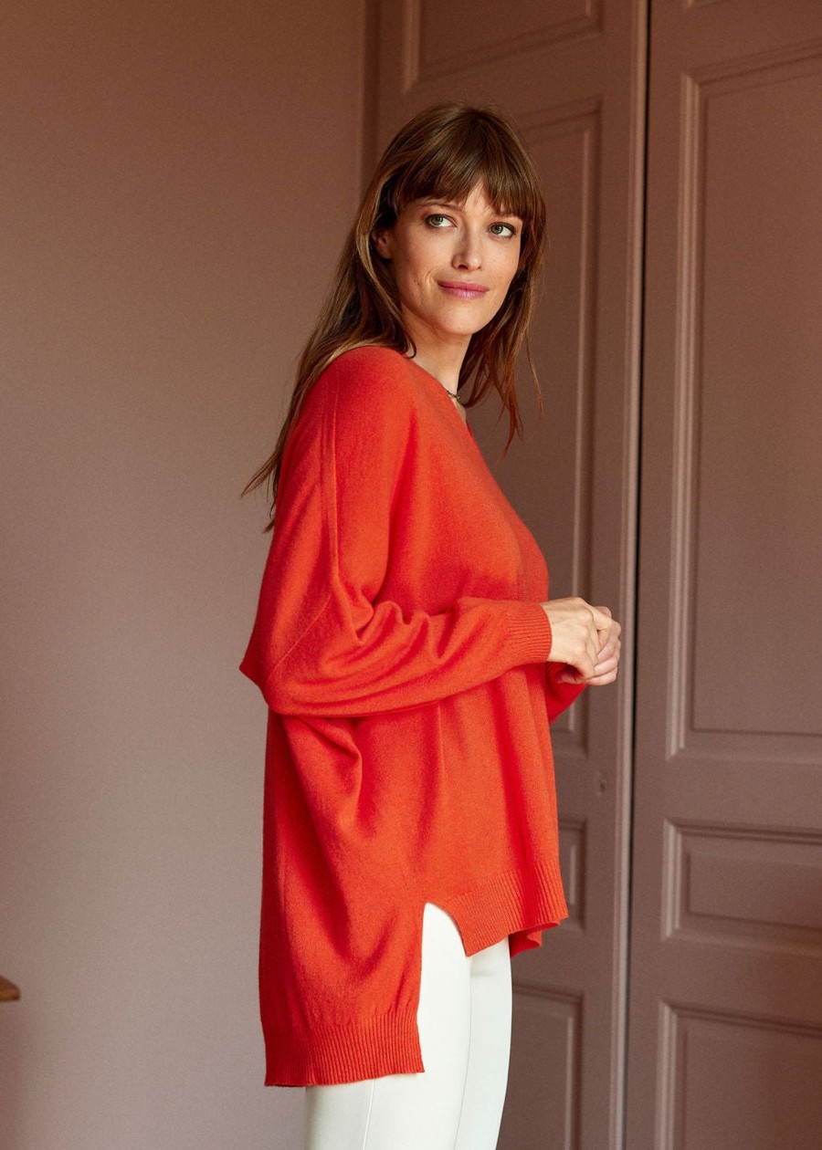 Lauren Vidal Pull En Viscose Flore Orange Mailles